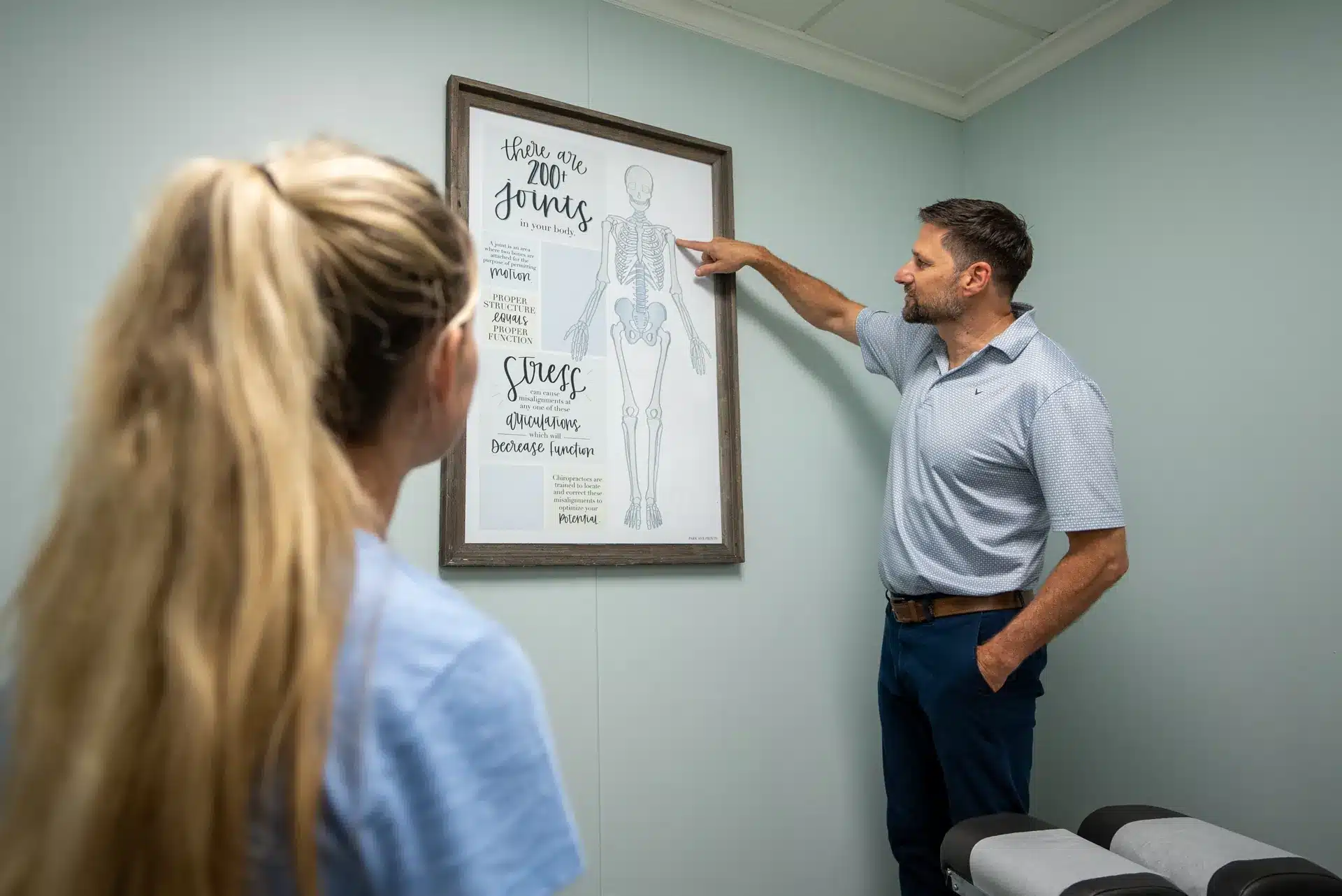 chiropractor pointing to skeleton image